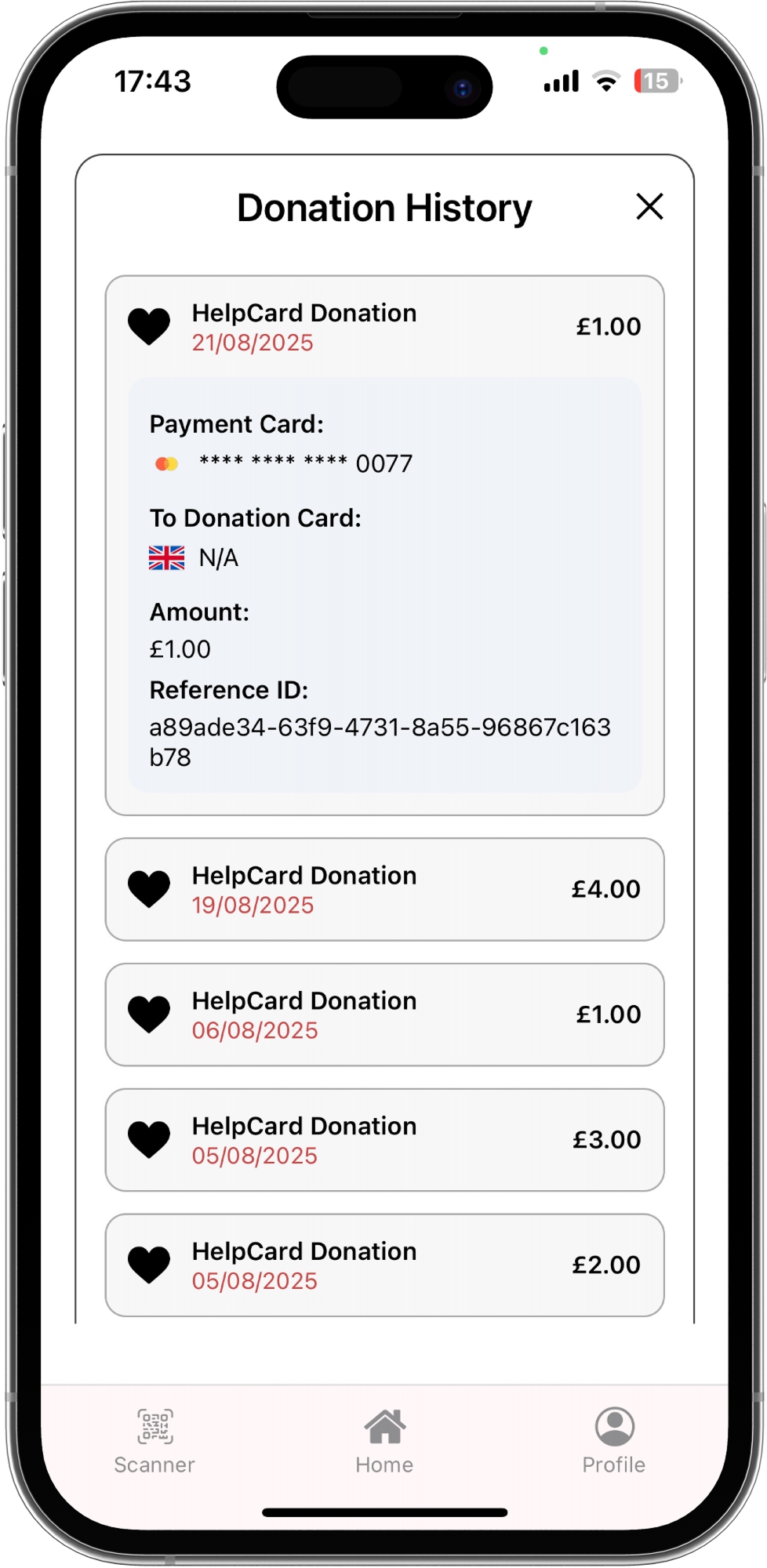 HelpCard Donation History Interface